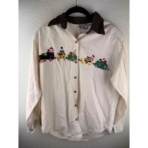 Vintage‎ 80s Embroidered Christmas Button Up Shirt Santa Corduroy Collar S